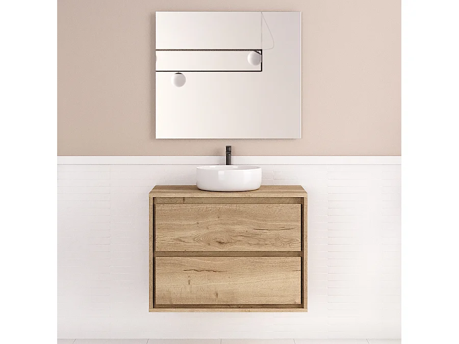 Meuble de salle de bain 80cm avec vasque à poser ronde - 2 tiroirs - roble sanctuary (chêne clair) - ETIO