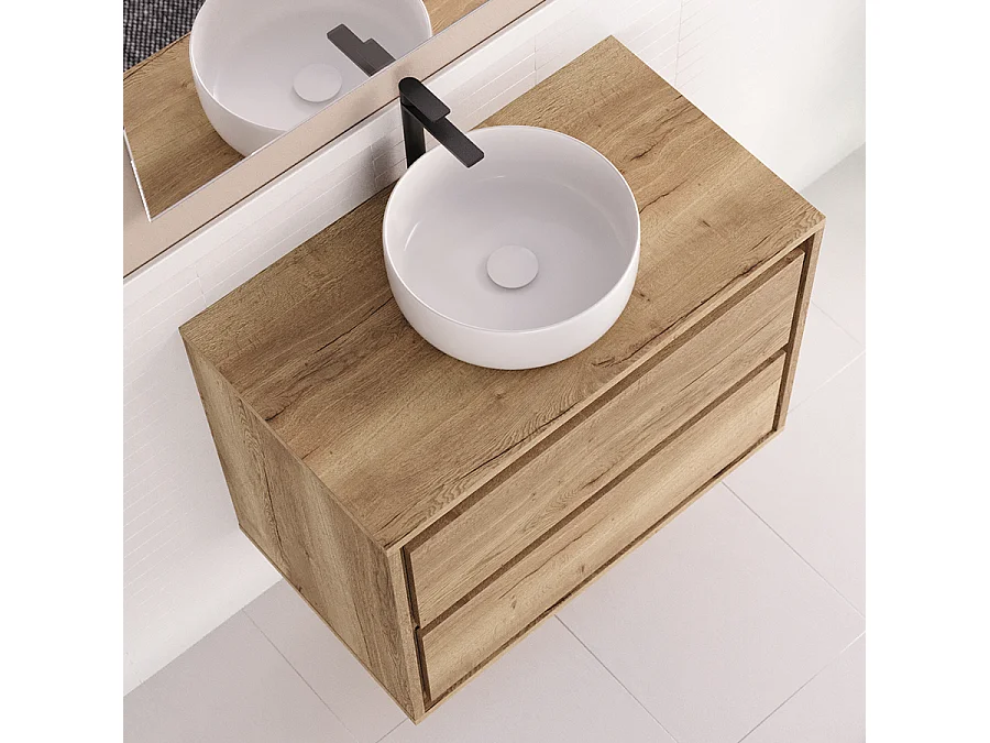Meuble de salle de bain 80cm avec vasque à poser ronde - 2 tiroirs - roble sanctuary (chêne clair) - ETIO