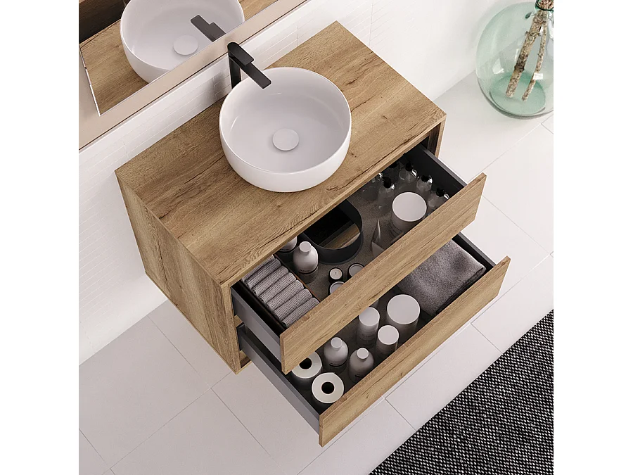 Meuble de salle de bain 80cm avec vasque à poser ronde - 2 tiroirs - roble sanctuary (chêne clair) - ETIO