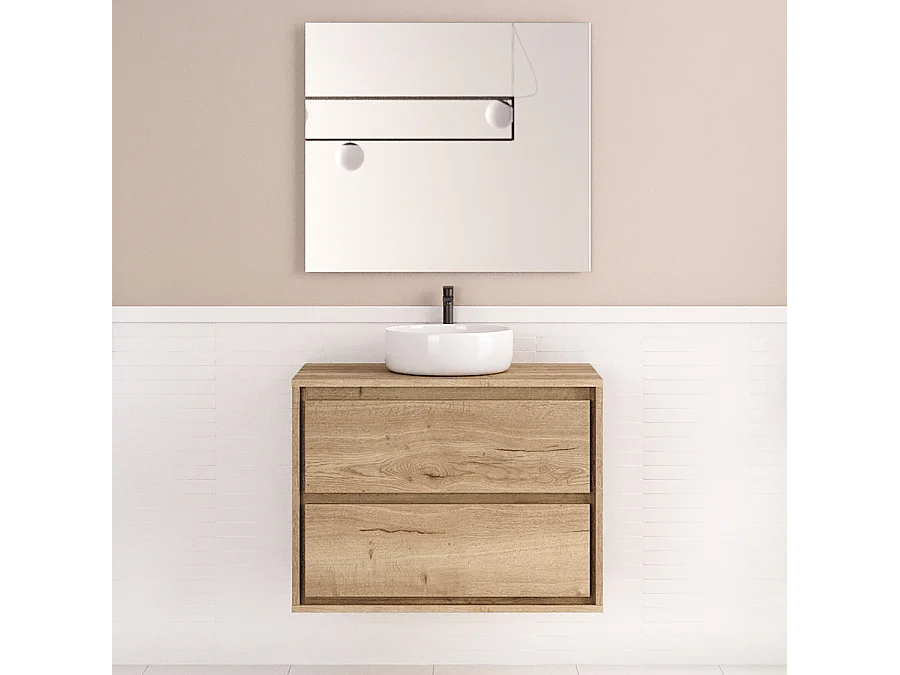 Meuble de salle de bain 80cm avec vasque à poser ronde - 2 tiroirs - roble sanctuary (chêne clair) - ETIO