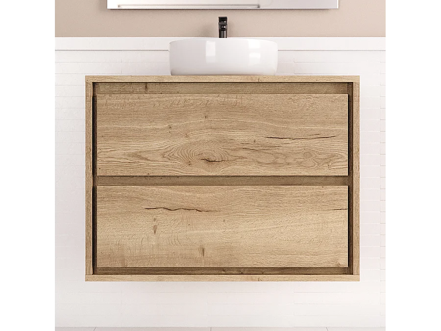 Meuble de salle de bain 80cm avec vasque à poser ronde - 2 tiroirs - roble sanctuary (chêne clair) - ETIO