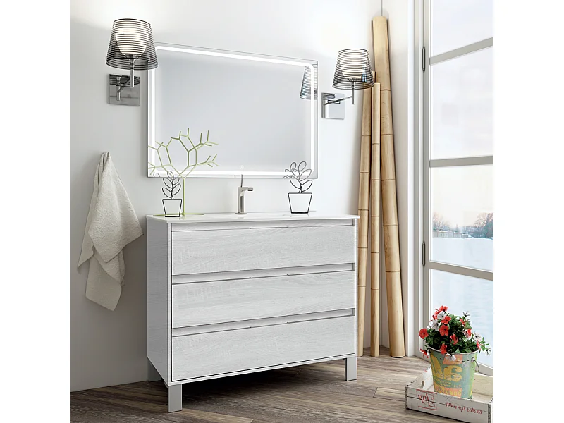 Meuble de salle de bain simple vasque - 3 tiroirs - TIRIS 3C et miroir Led VELDI - hibernian (bois blanchi) - 80cm