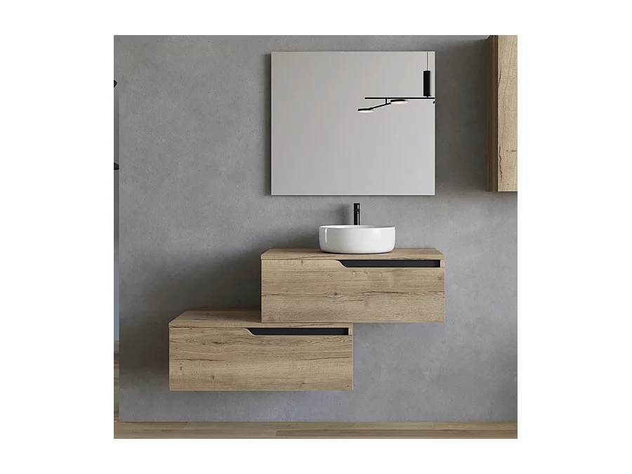 Meuble de salle de bain 120cm avec vasque à poser ronde - 2 tiroirs - madera miel (chêne clair) - CADIX