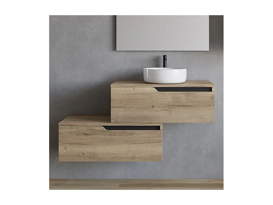 Meuble de salle de bain 120cm avec vasque à poser ronde - 2 tiroirs - madera miel (chêne clair) - CADIX