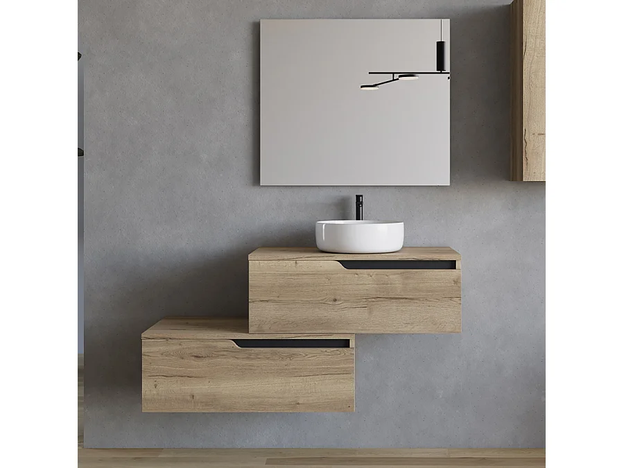 Meuble de salle de bain 120cm avec vasque à poser ronde - 2 tiroirs - madera miel (chêne clair) - CADIX