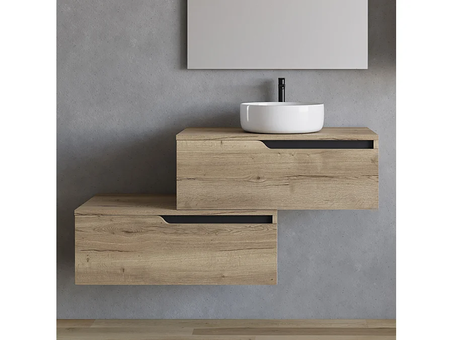 Meuble de salle de bain 120cm avec vasque à poser ronde - 2 tiroirs - madera miel (chêne clair) - CADIX