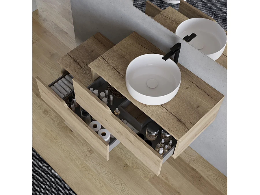 Meuble de salle de bain 120cm avec vasque à poser ronde - 2 tiroirs - madera miel (chêne clair) - CADIX