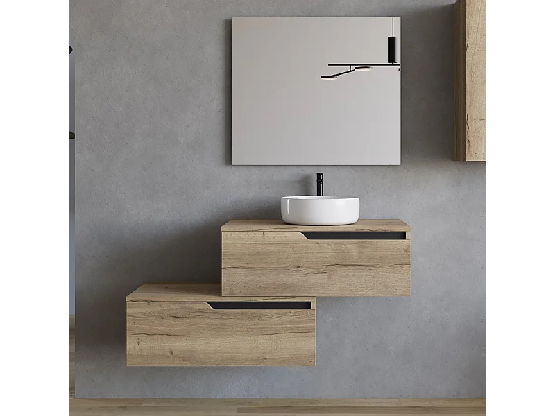 Meuble de salle de bain 120cm avec vasque à poser ronde - 2 tiroirs - madera miel (chêne clair) - CADIX