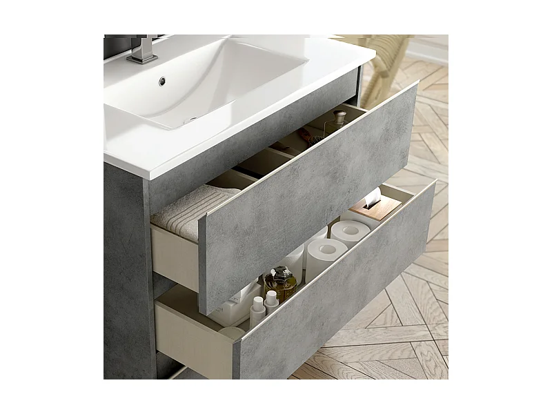 Meuble de salle de bain simple vasque - 2 tiroirs - BALEA et miroir rond Led SOLEN - ciment (gris) - 80cm