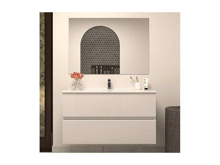 Meuble de salle de bain 100cm simple vasque - 2 tiroirs - blanc - IDA