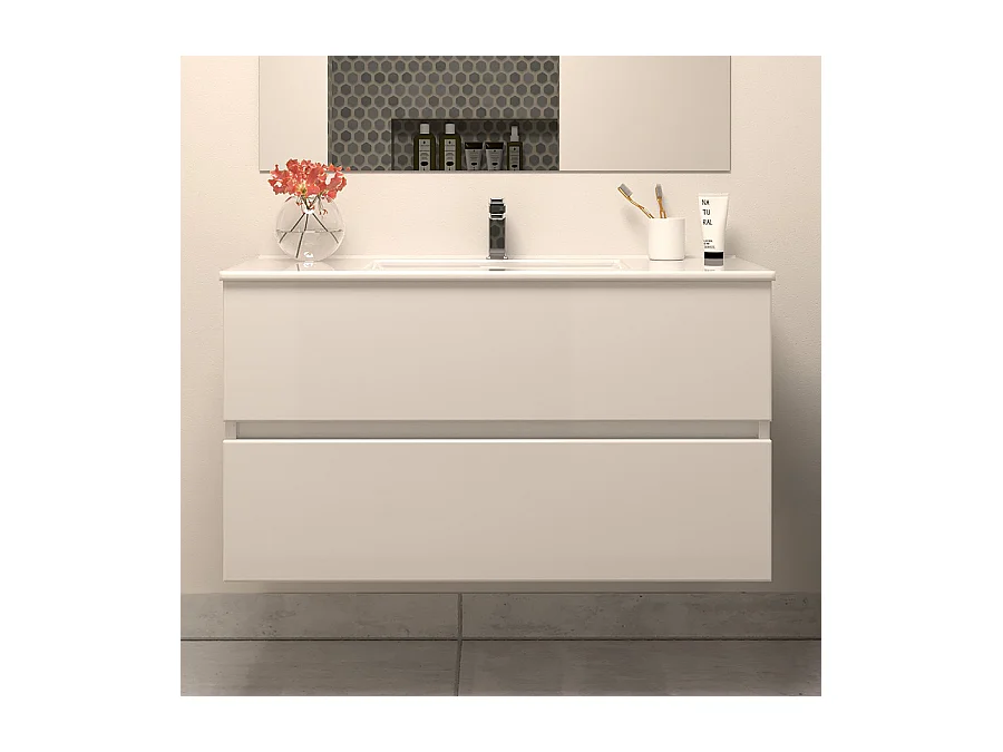 Meuble de salle de bain 100cm simple vasque - 2 tiroirs - blanc - IDA