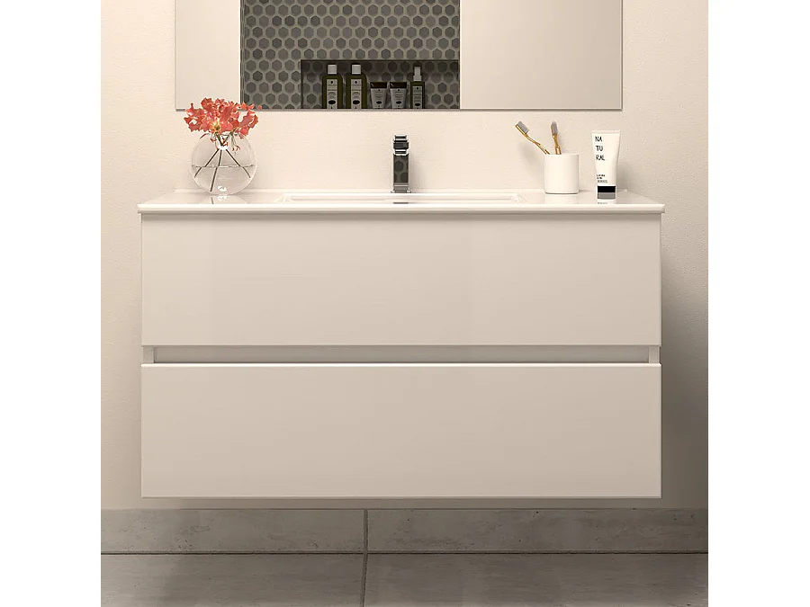 Meuble de salle de bain 100cm simple vasque - 2 tiroirs - blanc - IDA