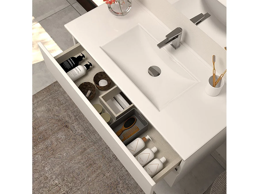 Meuble de salle de bain 100cm simple vasque - 2 tiroirs - blanc - IDA