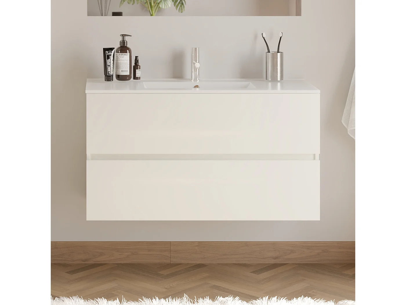 Meuble de salle de bain 100cm simple vasque - 2 tiroirs - blanc - IDA
