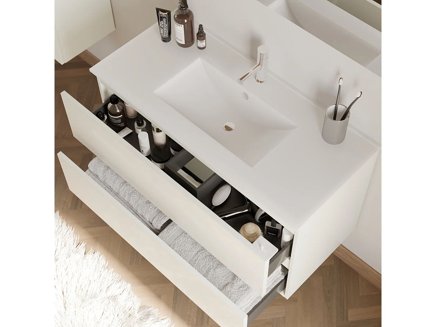 Meuble de salle de bain 100cm simple vasque - 2 tiroirs - blanc - IDA