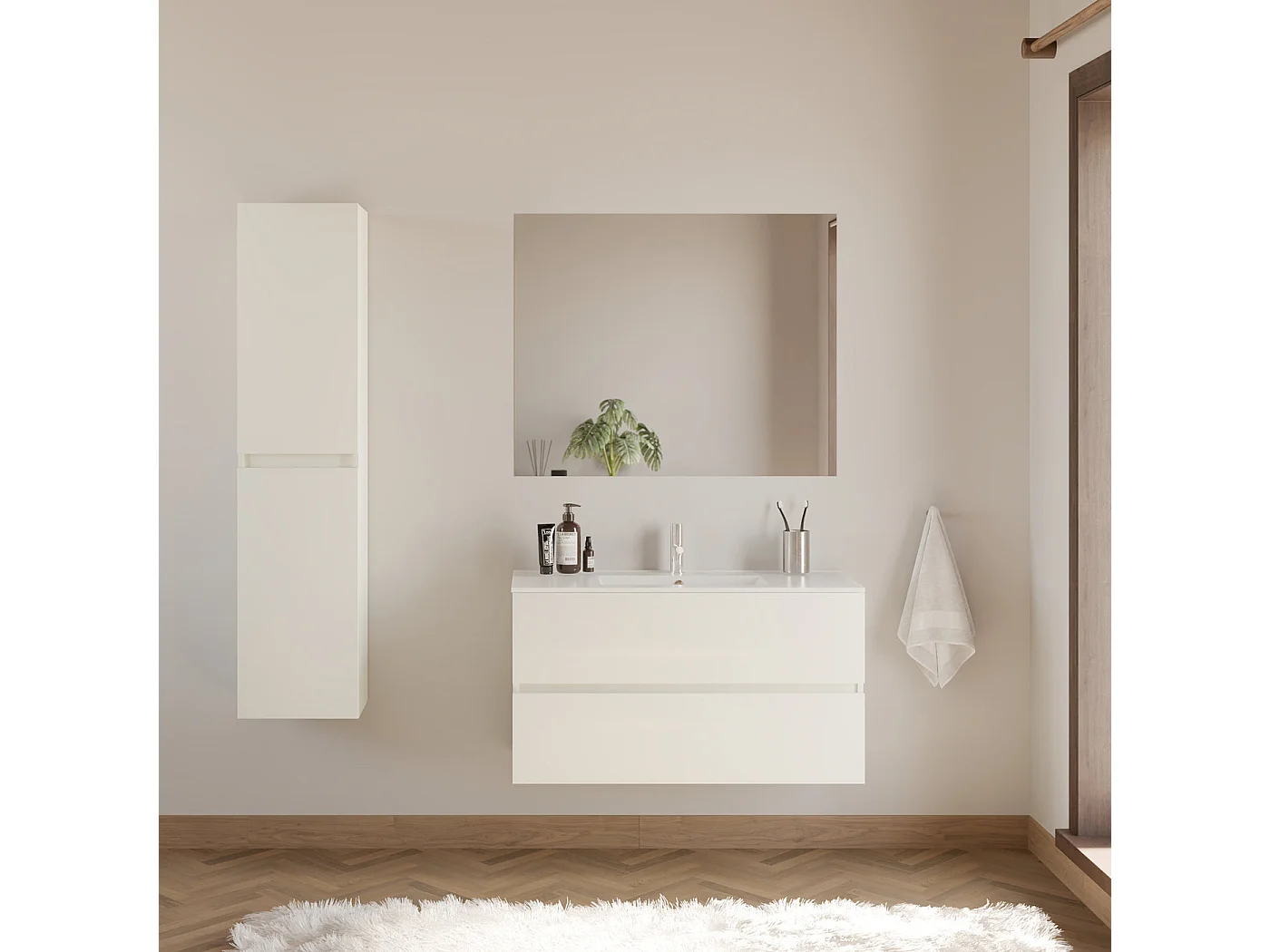 Meuble de salle de bain 100cm simple vasque - 2 tiroirs - blanc - IDA