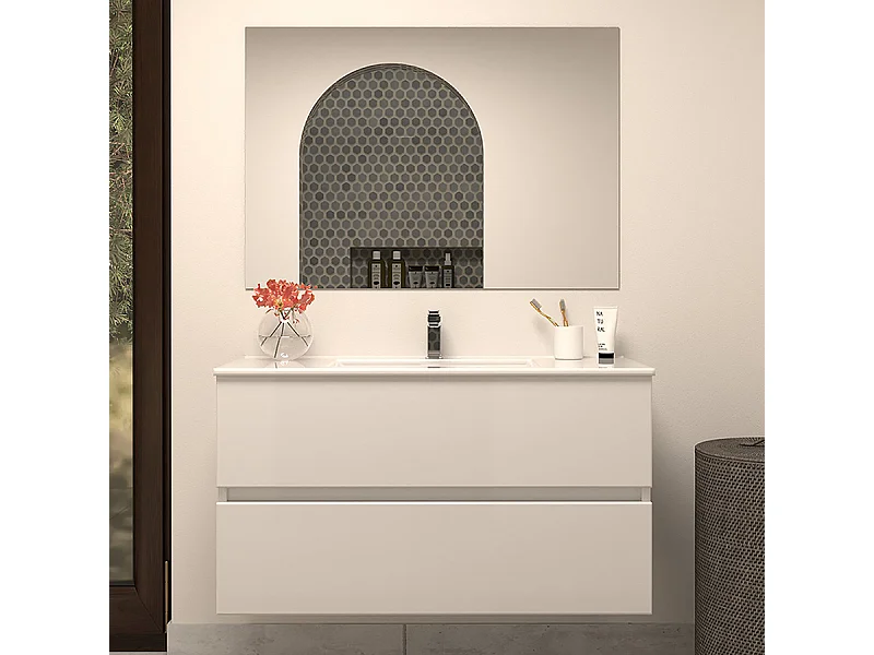 Meuble de salle de bain 100cm simple vasque - 2 tiroirs - blanc - IDA