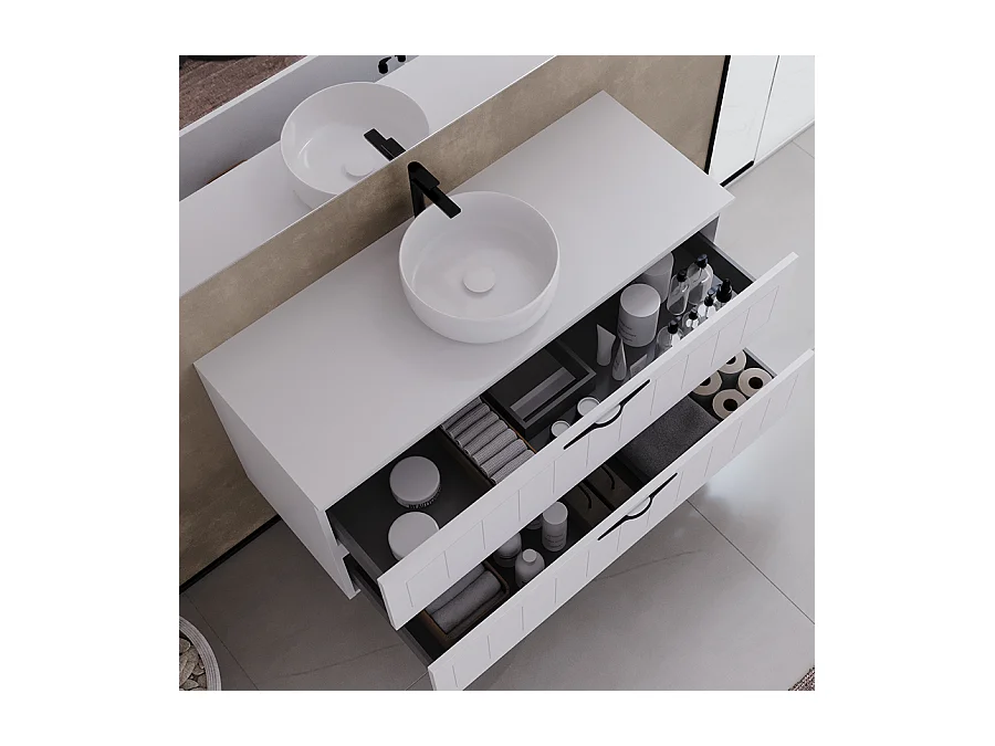 Meuble de salle de bain 120cm avec plateau et une vasque à poser ronde - 2 tiroirs - sans miroir - blanc - PIA