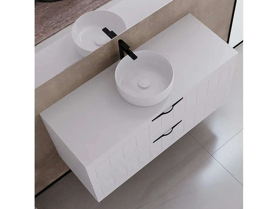 Meuble de salle de bain 120cm avec plateau et une vasque à poser ronde - 2 tiroirs - sans miroir - blanc - PIA