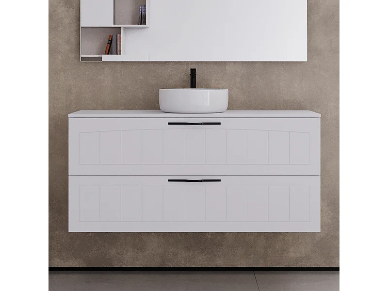 Meuble de salle de bain 120cm avec plateau et une vasque à poser ronde - 2 tiroirs - sans miroir - blanc - PIA