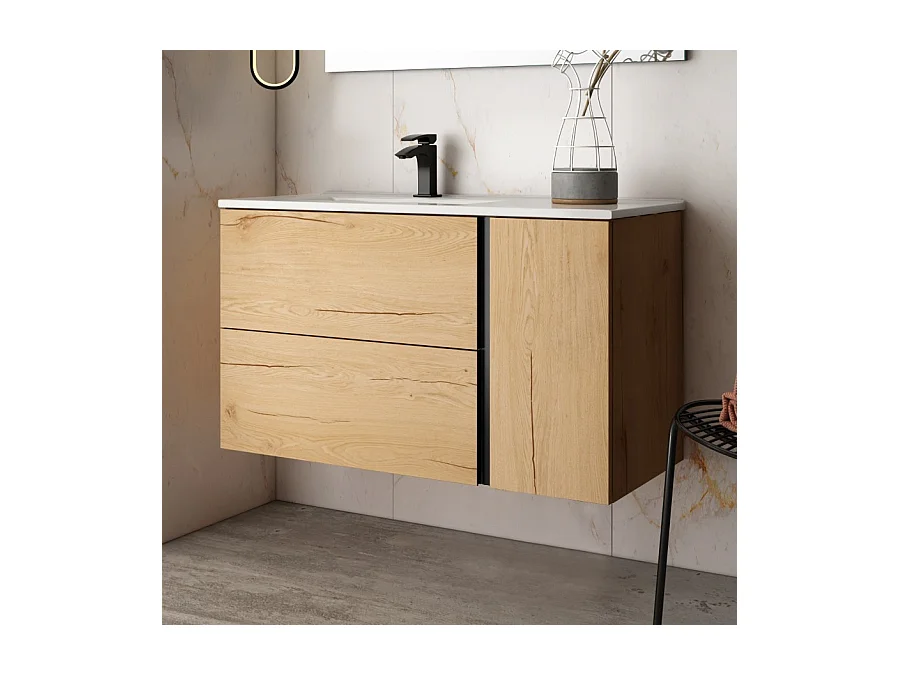 Meuble de salle de bain 100 cm vasque déportée - 2 tiroirs - sans miroir - PRADO - roble (chêne clair)