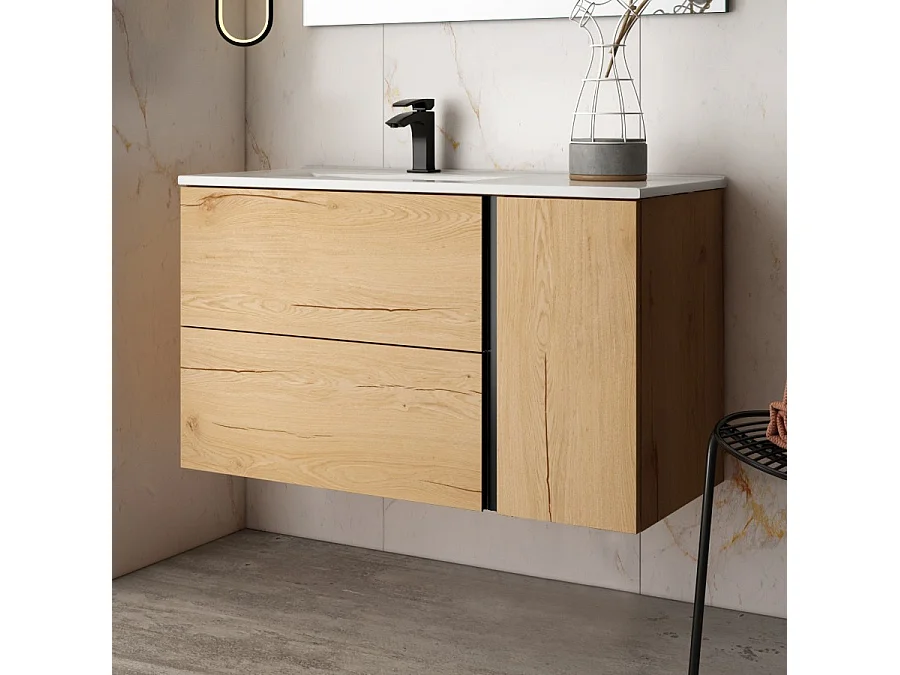 Meuble de salle de bain 100 cm vasque déportée - 2 tiroirs - sans miroir - PRADO - roble (chêne clair)