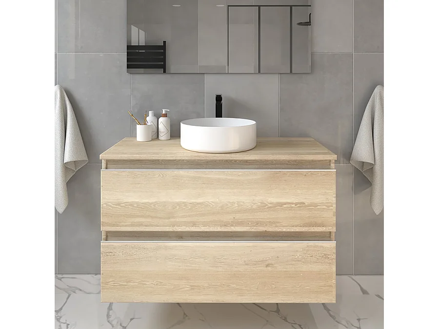 Meuble de salle de bain sans miroir avec vasque à poser ronde BALEA - Bambou (chêne clair) - 80cm