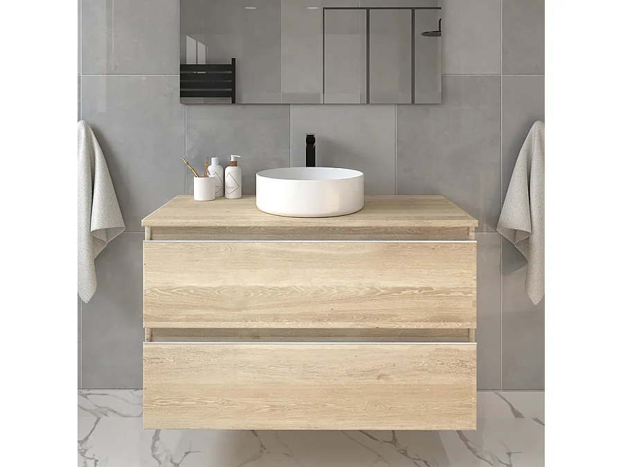 Meuble de salle de bain sans miroir avec vasque à poser ronde BALEA - Bambou (chêne clair) - 80cm