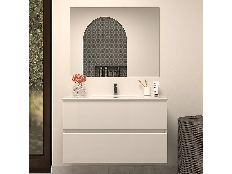 Meuble de salle de bain 80cm simple vasque - 2 tiroirs - blanc - IDA