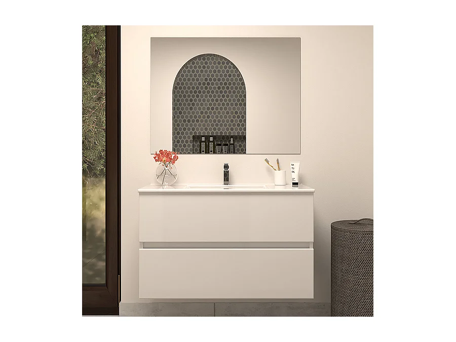 Meuble de salle de bain 80cm simple vasque - 2 tiroirs - blanc - IDA