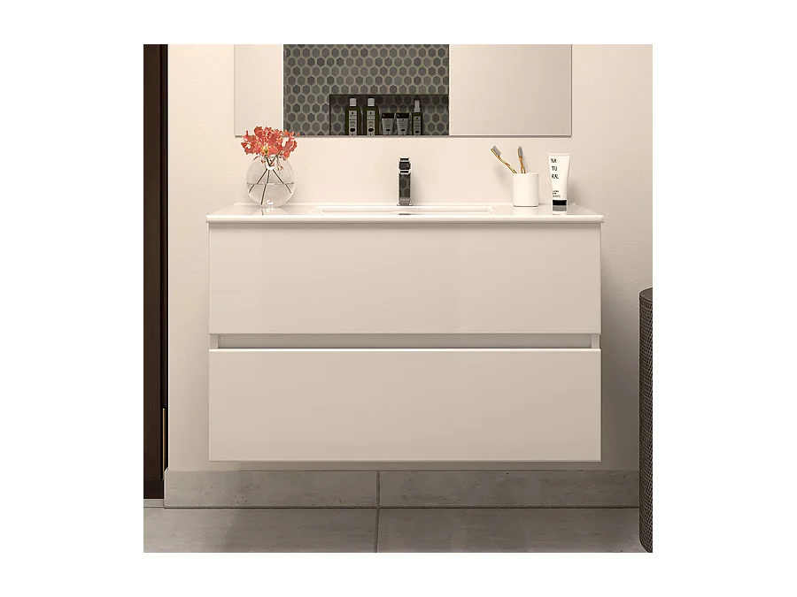 Meuble de salle de bain 80cm simple vasque - 2 tiroirs - blanc - IDA