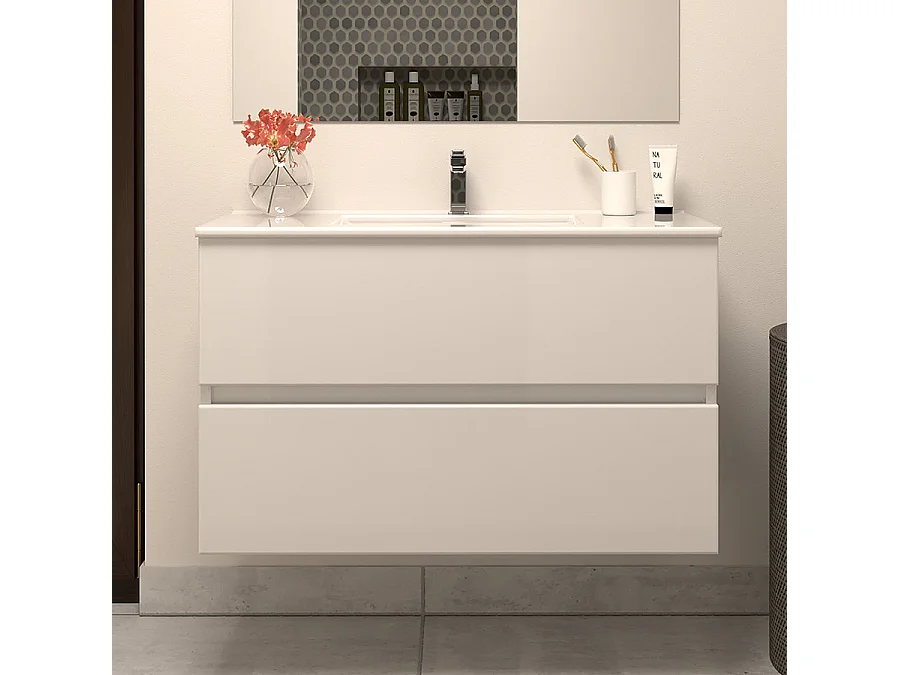 Meuble de salle de bain 80cm simple vasque - 2 tiroirs - blanc - IDA