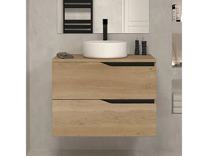 Meuble de salle de bain 70cm avec plateau et vasque à poser - 2 tiroirs - sans miroir - madera miel (bois clair) - LUNA
