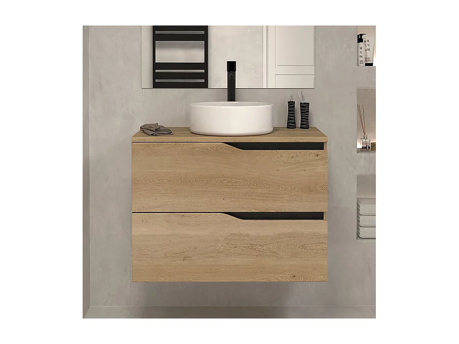 Meuble de salle de bain 70cm avec plateau et vasque à poser - 2 tiroirs - sans miroir - madera miel (bois clair) - LUNA