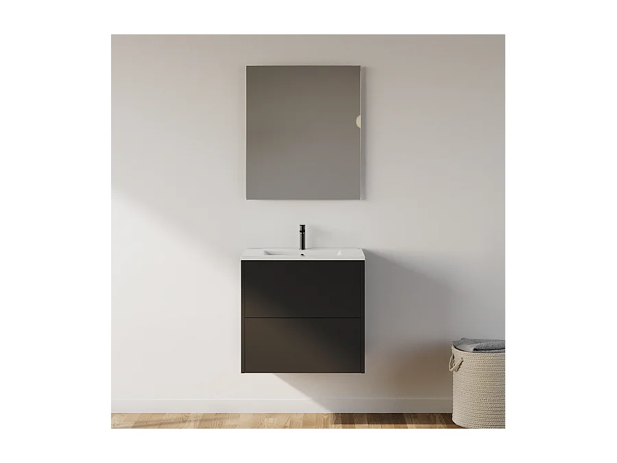 Meuble de salle de bain 60cm avec simple vasque - 2 tiroirs - noir - MONA