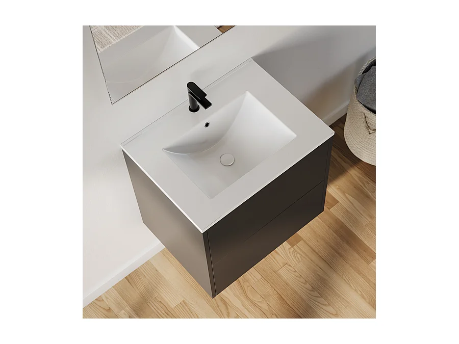 Meuble de salle de bain 60cm avec simple vasque - 2 tiroirs - noir - MONA