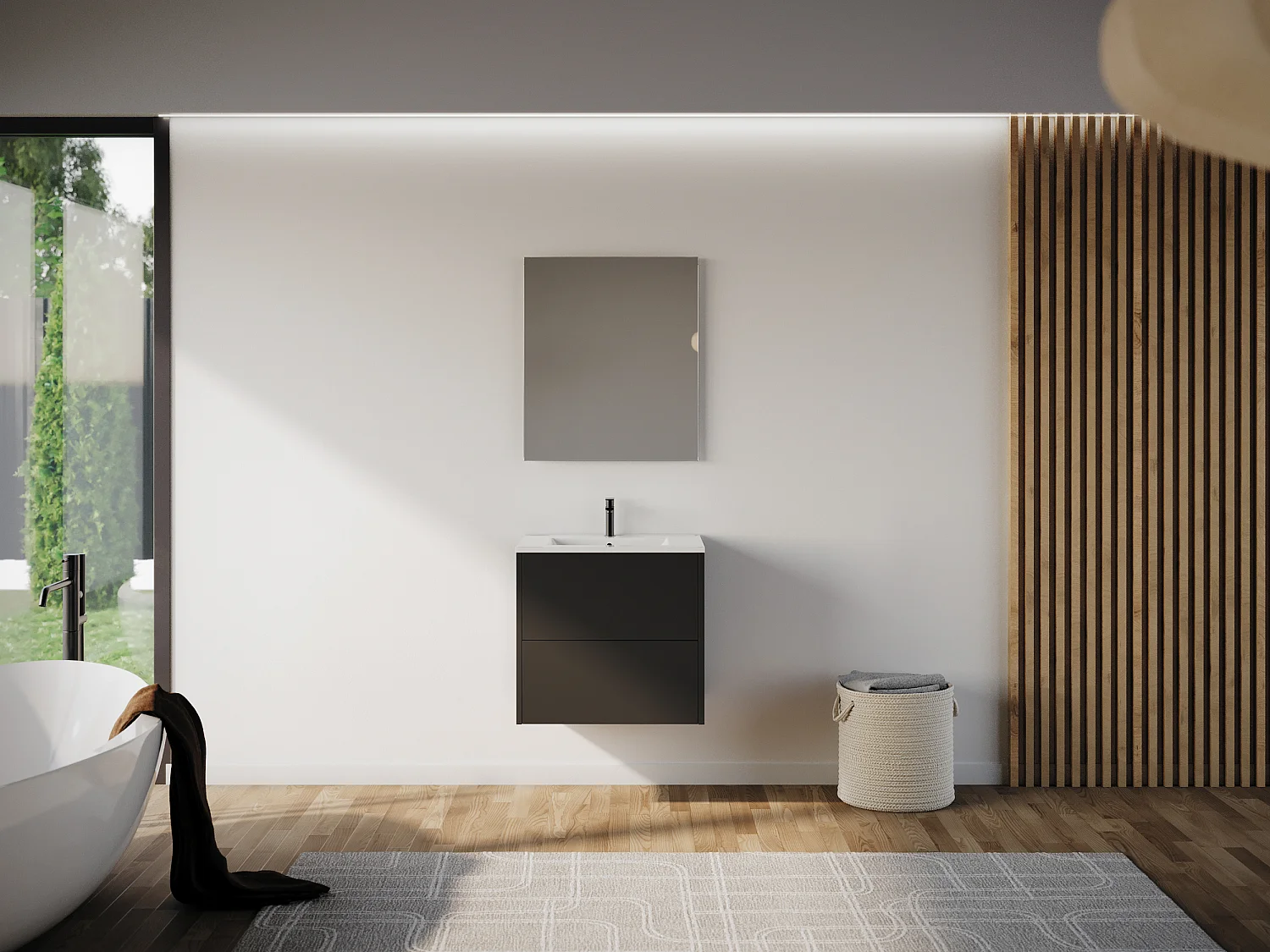 Meuble de salle de bain 60cm avec simple vasque - 2 tiroirs - noir - MONA