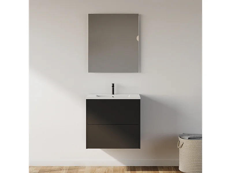 Meuble de salle de bain 60cm avec simple vasque - 2 tiroirs - noir - MONA