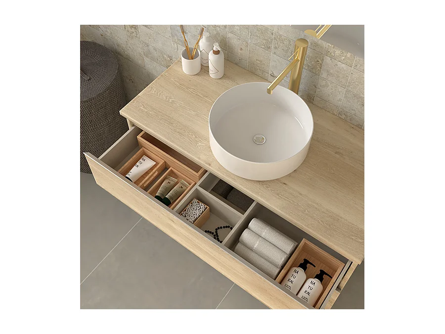 Meuble de salle de bain sans miroir avec vasque à poser ronde PALMA - Bambou (chêne clair) - 70cm