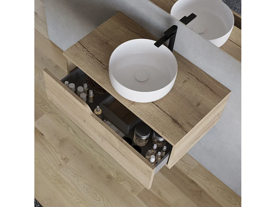 Meuble de salle de bain 80cm avec vasque à poser ronde - sans miroir - 1 tiroir - madera miel (chêne clair) - CADIX