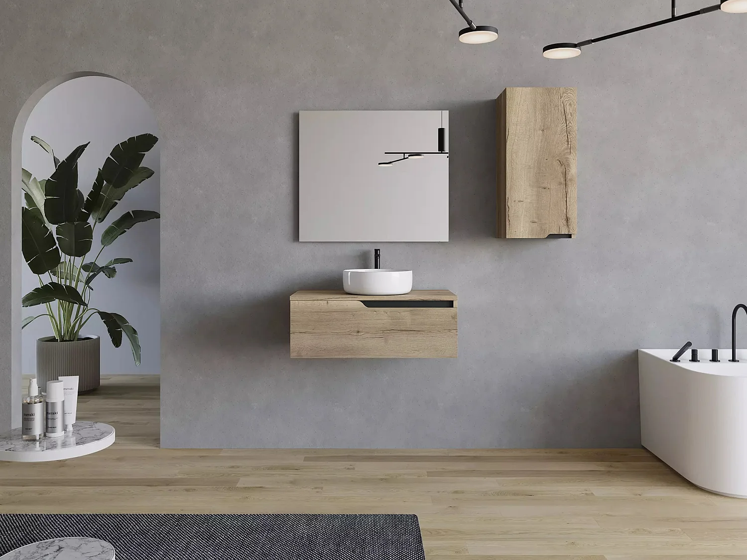 Meuble de salle de bain 80cm avec vasque à poser ronde - sans miroir - 1 tiroir - madera miel (chêne clair) - CADIX