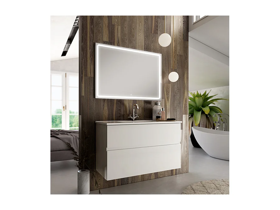 Meuble de salle de bain simple vasque - 2 tiroirs - MIG et miroir Led VELDI - blanc - 70cm