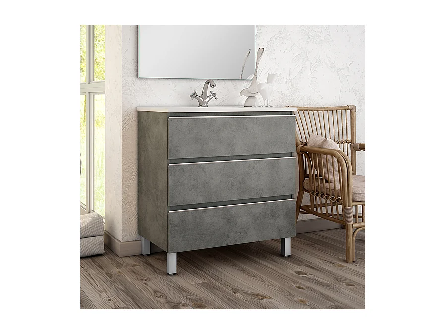 Meuble de salle de bain simple vasque - 3 tiroirs - PALMA et miroir Led VELDI - ciment (gris) - 100cm