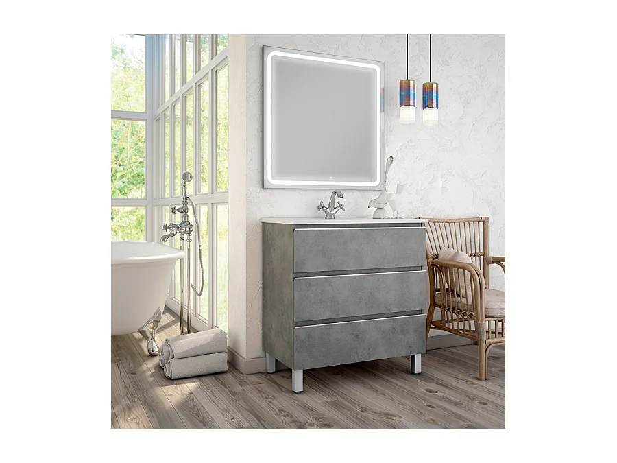 Meuble de salle de bain simple vasque - 3 tiroirs - PALMA et miroir Led VELDI - ciment (gris) - 100cm