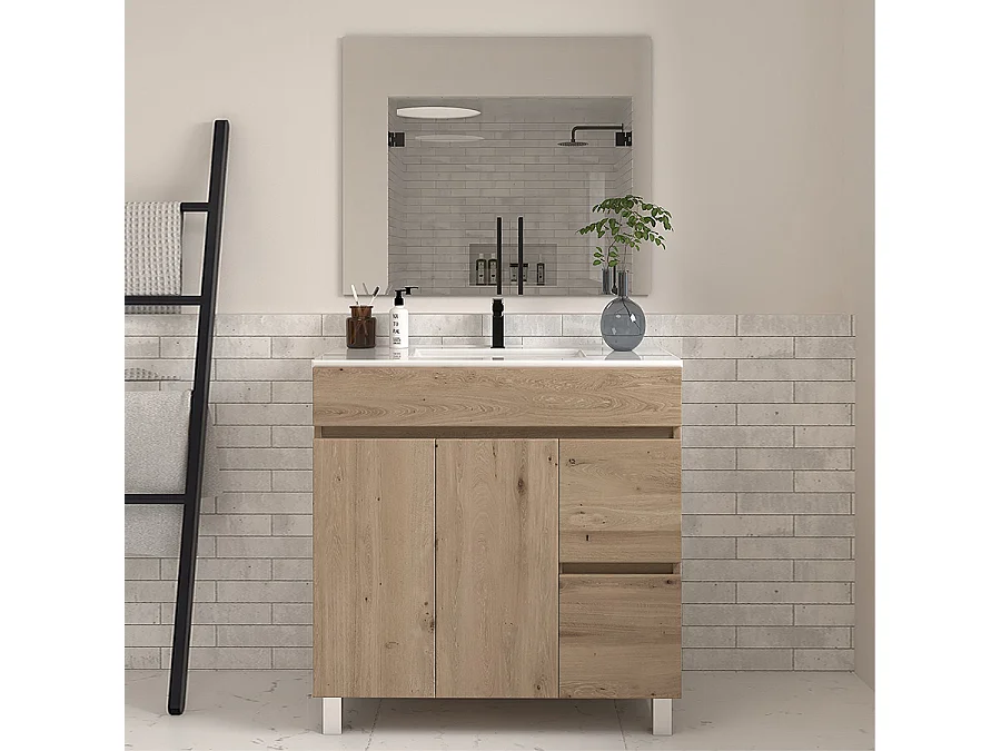 Meuble de salle de bain 80cm simple vasque sur pieds avec portes et tiroirs - cambrian (chêne clair) - HARO