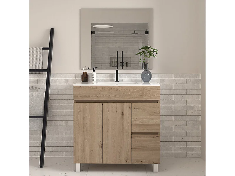 Meuble de salle de bain 80cm simple vasque sur pieds avec portes et tiroirs - cambrian (chêne clair) - HARO