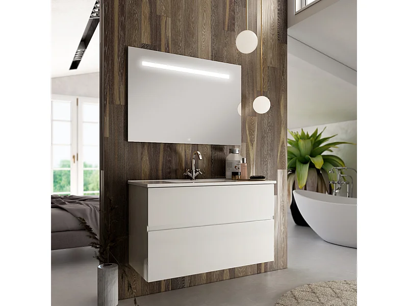 Meuble de salle de bain simple vasque - 2 tiroirs - MIG et miroir Led STAM - blanc - 100cm