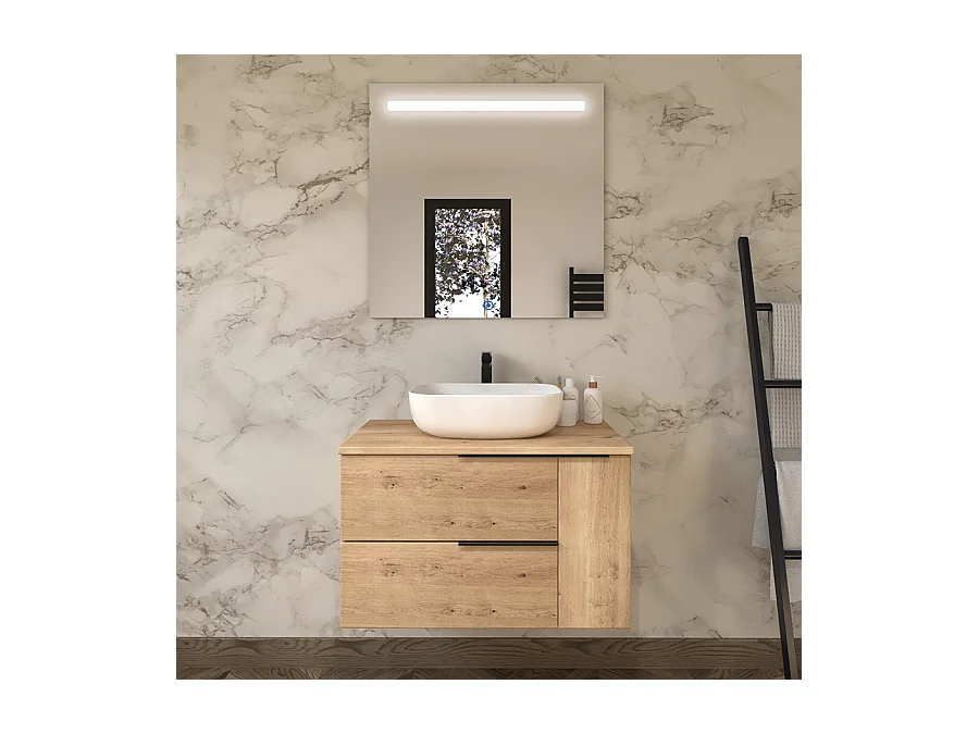 Meuble de salle de bain avec vasque à poser arrondie KING et miroir Led STAM - Roble (chêne clair) - 80cm
