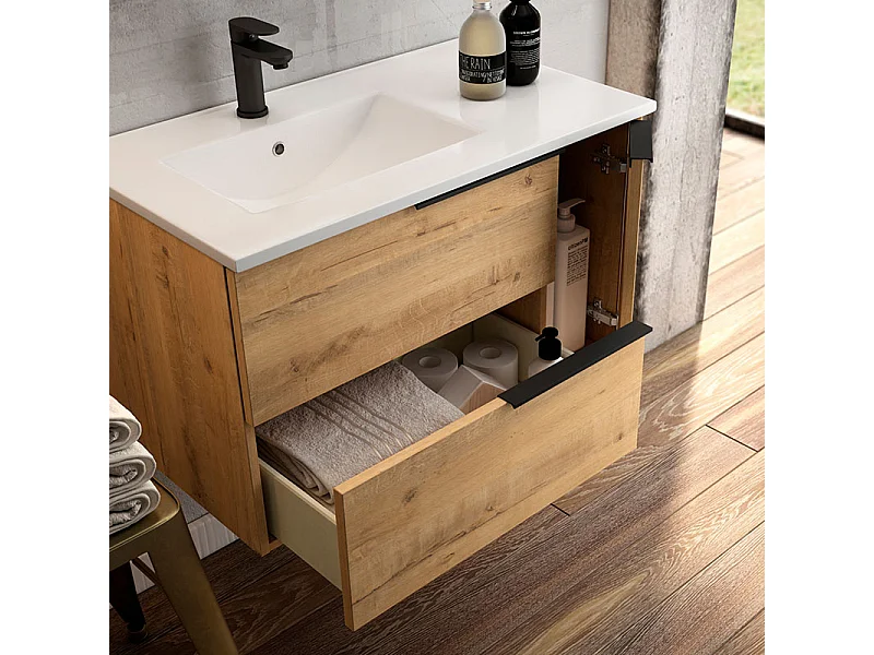 Meuble de salle de bain avec vasque à poser arrondie KING et miroir Led STAM - Roble (chêne clair) - 80cm