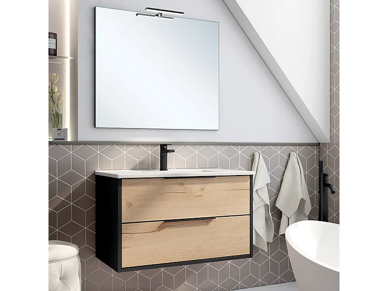 Meuble de salle de bain 80cm simple vasque - 2 tiroirs - ALBA - noir/roble